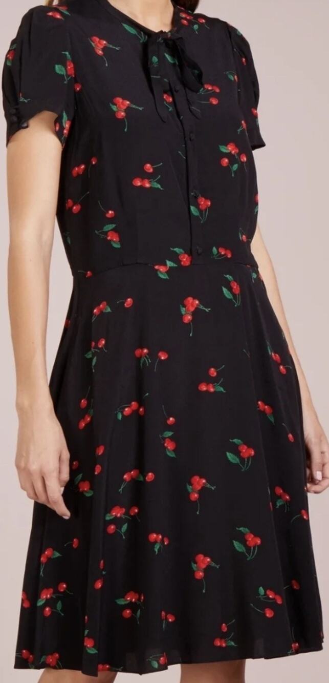 Polo Ralph Lauren Cherry Print Dress Size 0 Black Tie Neck Puff Sleeve Viscose